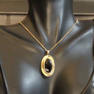 Vintage Nakagawa Corporation Gold Tone Black Glass Pendant Necklace